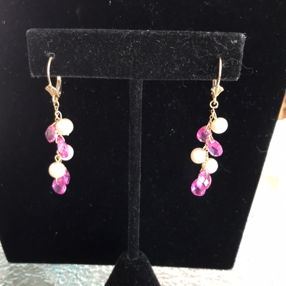 14k - Earrings - Pink Topaz and Pearl - 2” Drop
